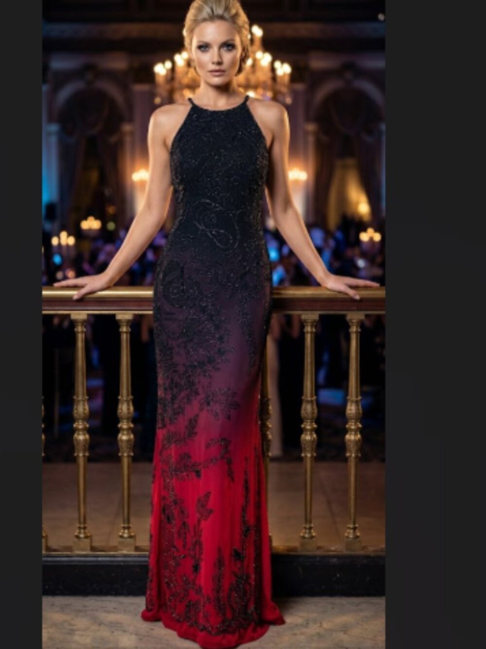 JMDC Vintage 90s 100% Silk Heavy Beaded Ombre Evening Gown Cross Back Maxi Dress